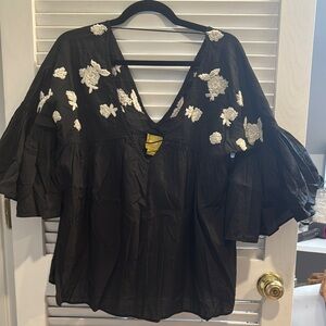 Maeve Black Embellished Blouse with Bell Sleeves